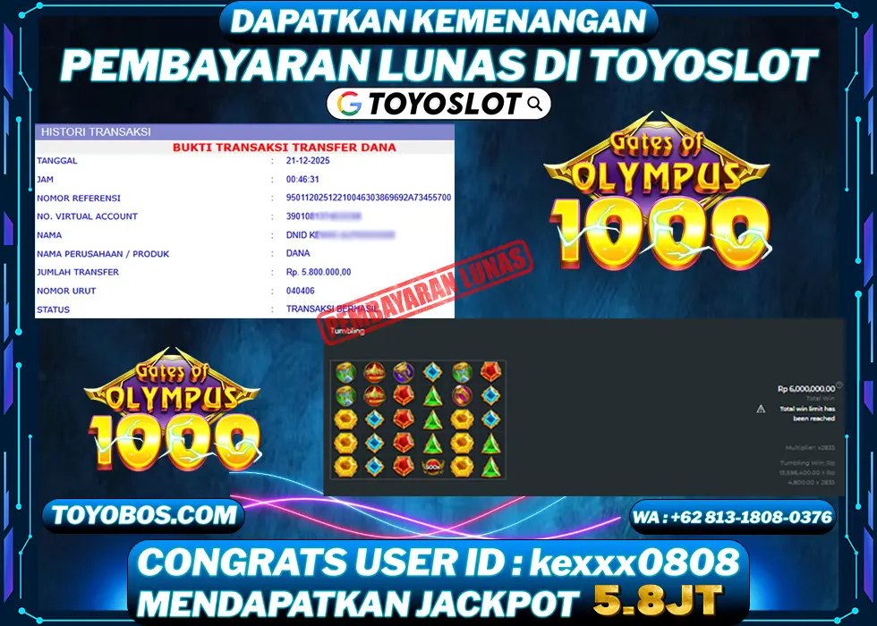 TOYOSLOT - BUKTI KEMENANGAN Gates Of Olympus 1000 Rp5,800,000,- LUNAS